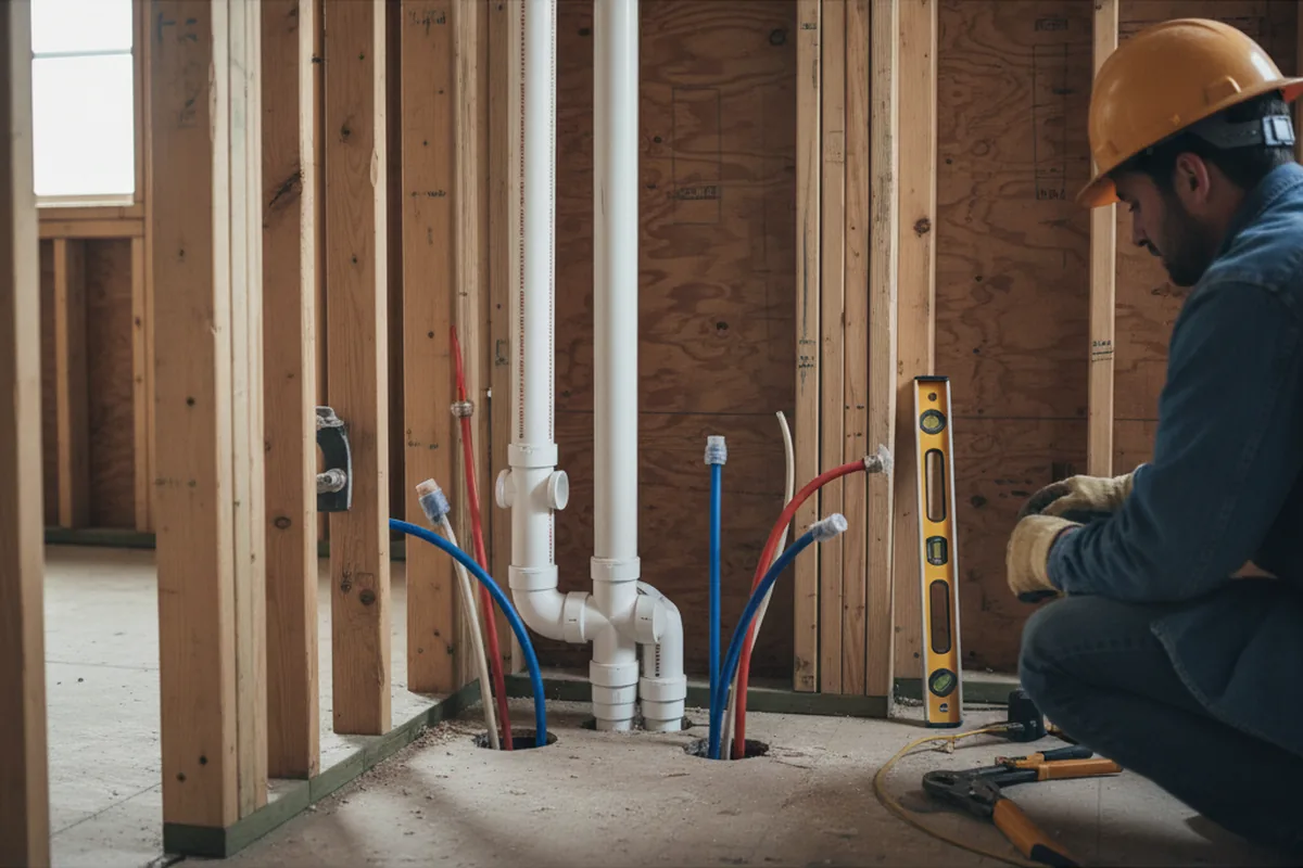 Drain and supply rough-in during Sump Pump Repair in Faucett