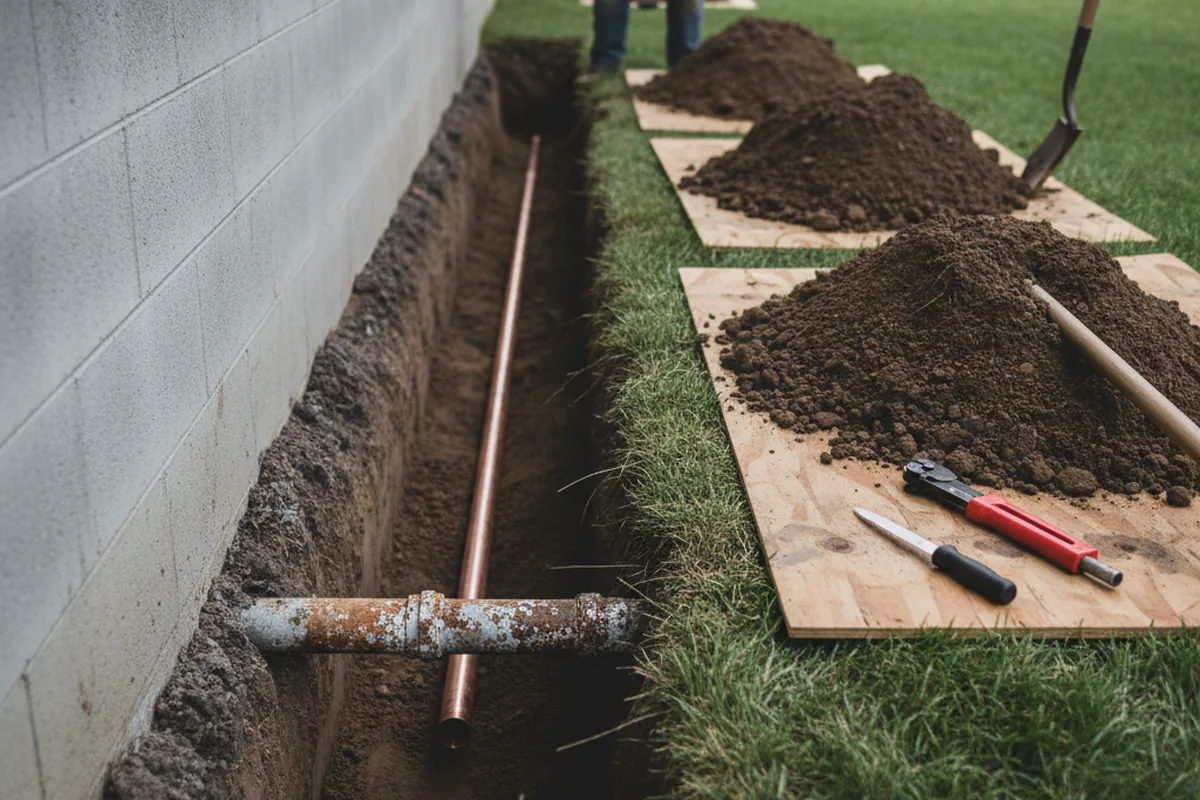 Excavated water line trench during Water Heater Repair in Faucett